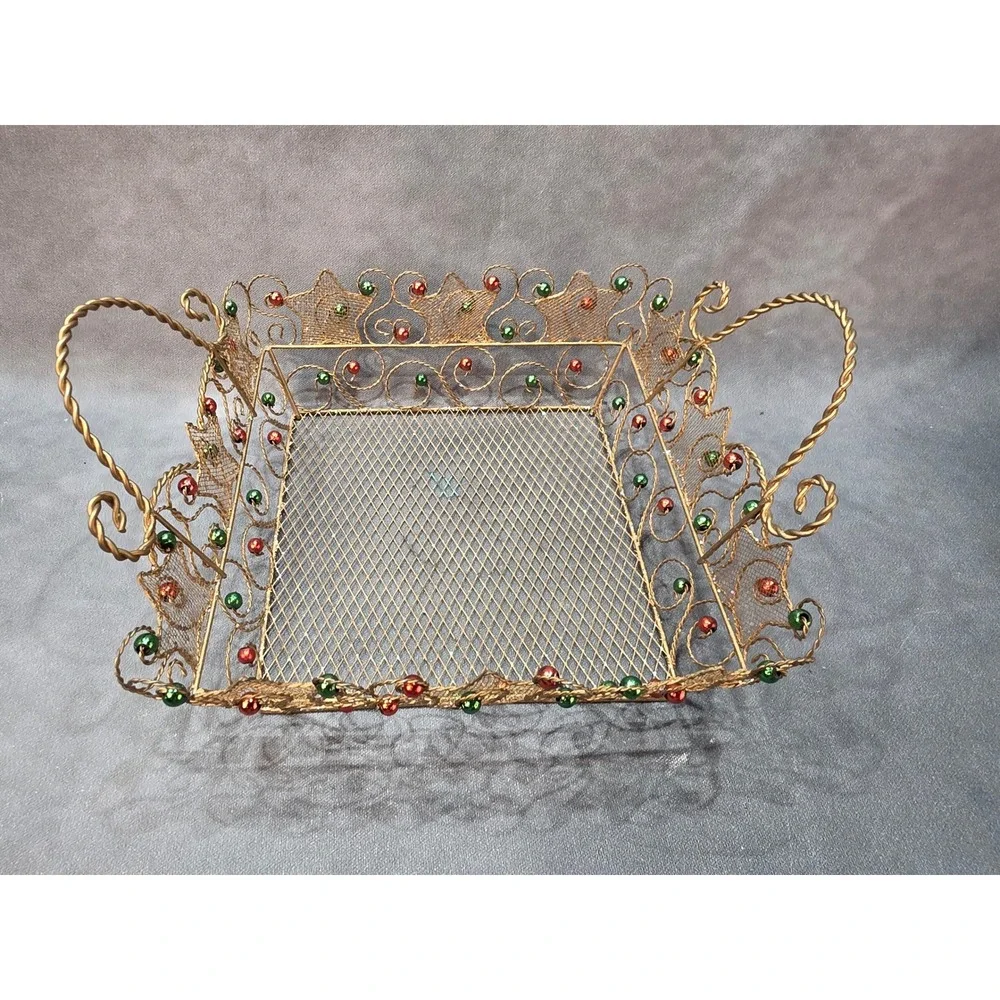 Vintage Gold Wire Mesh Christmas Basket Red Green Beads Holiday Decor
